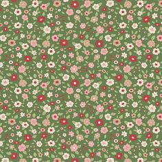 a green background with pink and red flowers