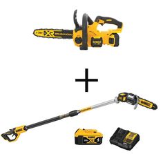 the cordless chainsaw and tool are shown in three different positions, including one with two