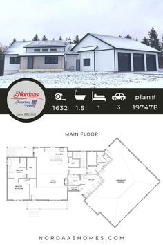 the floor plan for this modern home is shown in black and white, with an image of