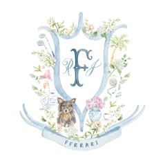 a watercolor drawing of a dog surrounded by flowers and ribbons with the letter f on it