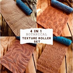 four different types of textured leathers with the text in 1 botanical textures roller set