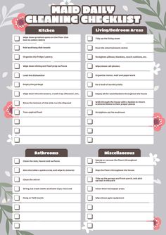 a printable cleaning checklist with flowers and leaves on the top, in grey background