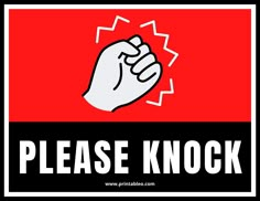 a sign that says please knock with a fist in the center and an image of a hand coming out of it