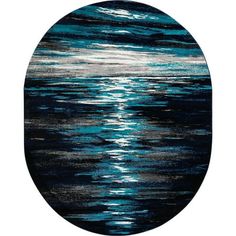 an oval area rug with blue and white colors