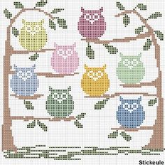 cross stitch pattern with four owls sitting on a tree branch, all in different colors