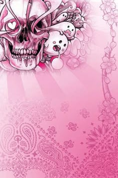 a pink background with a skull and flowers