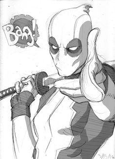 a drawing of deadpool holding a baseball bat