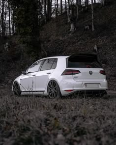 a white car parked on top of a grass covered field