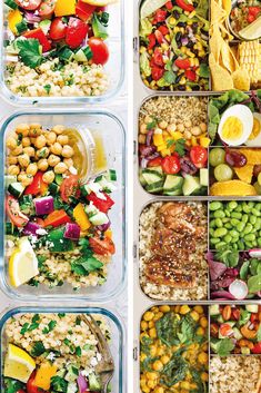 six plastic containers filled with different types of salads and vegetables, all containing eggs