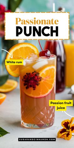 a drink with orange slices and garnish on the side, labeled in words