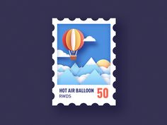 a stamp with a hot air balloon in the sky on it's back side