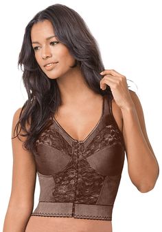 PRICES MAY VARY. Signature crisscross sling design provides added lift and support for a natural, flattering shape.Front hook closure makes it easy to put on and take off.Light boning adds enhanced support for all-day wear.Longer length with power mesh crisscross back improves posture.Beautiful lace insert for a touch of elegance and style.Wireless cups ensure all-day comfort with no pinching or discomfort.Wide, cushioned adjustable straps for a perfect fit.Made from a nylon/spandex blend for la Leisure Bra, Sling Design, Posture Bra, Posture Support, Longline Bra, Improve Posture, Swimsuits For All, Wireless Bra, Lace Insert