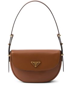 tan brown leather enamel triangle logo adjustable shoulder strap foldover top with magnetic fastening main compartment internal slip pocket Curved Backdrop, Prada Shoulder Bag, Flap Shoulder Bag, Luxury Bag, Prada Leather, Practical Design, Purses Designer