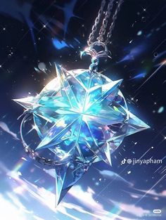 a blue crystal star hanging from a chain on a dark background with snow flakes