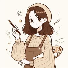 a drawing of a girl holding a paintbrush in her right hand and looking at the camera