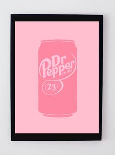 a pink poster with the word dr pepper on it in white lettering and a black frame