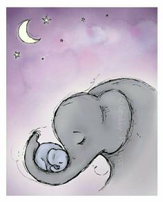 an elephant is laying down with its head on the baby's back and stars in the sky above it