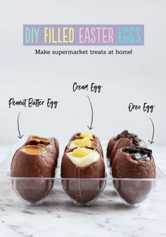 three chocolate eggs with different fillings in them on a tray, labeled how to make filled easter eggs