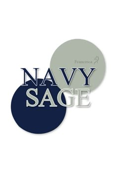 two circular stickers with the words navy sage and an oval one that says,