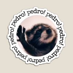 a sticker with an image of a ferret in the center and words below it