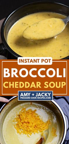 broccoli cheddar soup in a pot with a spoon on the side