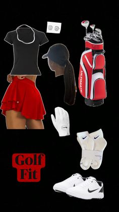 various items are arranged in the shape of a woman's golf outfit and hat