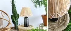 there are two pictures of plants in the same room and one has a lamp on it