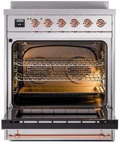 an oven with two burners on the front and one in the back, is open