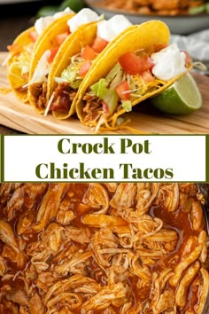 crock pot chicken tacos in a skillet with text overlay that reads crock pot chicken tacos