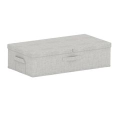 a grey storage box with handles on the top and bottom, in front of a white background