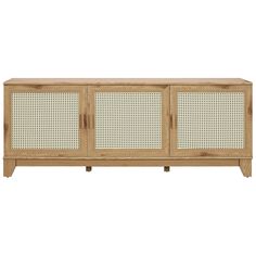 the sideboard is made out of wood and has two doors, one with mesh panels on