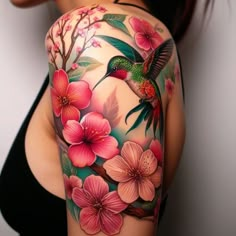 Cherry Blossom Tattoo Ideas, Palm Size Tattoos, Hummingbird Flower Tattoos, Bird Hand Tattoo, Hummingbird Tattoos, Realistic Flower Tattoo, Feminine Skull Tattoos, Purple Tattoos, Bright Tattoos