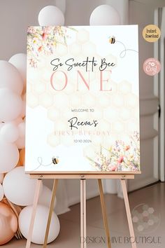 Celebrate your little one's milestone first birthday with this adorable "Sweet To Bee ONE" invitation template! Featuring a minimalist design, a soft pastel colour palette, and cute bee graphics, this invitation is perfect for a sweet and stylish celebration. Customize the details to suit your party and create a buzz-worthy event your guests won't forget!     Editable Sweet To Bee ONE First Birthday Welcome Sign, Honey Bee Girl 1st Birthday Bee-Day Pastel Wildflower Printable Decor Party Poster Honey 1st Birthday Party, So Sweet To Bee One Birthday, April 1st Birthday Ideas Girl, Honey Bee Birthday Party Decorations, First Girl Birthday Themes