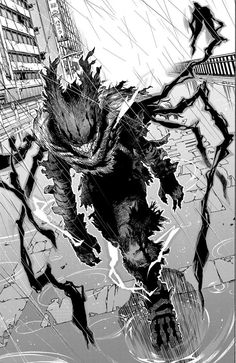 the godzilla is running through the rain in this black and white drawing by artist mark vander