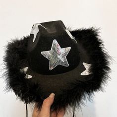 MADE TO ORDER - STARSTRUCK Black cowboy hat with silver stars and black fur trim (also available with gold stars) Perfect for space cowboy or festival  Please note they are handmade by me so there maybe slight flaws If you would like a custom hat in another design or colour please message me and I can see what I can make :) Space Cowgirl Costume, Black Cowboy Hat, Black Cowgirl, Space Cowgirl, Chapeau Cowboy, Cowgirl Costume, Cowgirl Hat, Halloween Fancy Dress