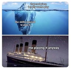 an iceberg floating in the ocean next to a ship with caption that reads, that cool place i really wanna play