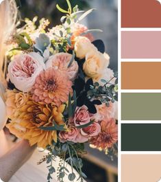 a woman holding a bouquet of flowers in her hand and color swatches on the side