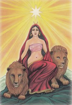 a tarot card with a woman sitting on top of two lions and a star above her head