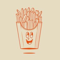 an orange line drawing of french fries with a smiling face