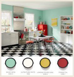 A lovely retro colour palette. #collectif #collectifclothing 1950s Kitchen Decor, Checkered Floor, Model Dapur, Classic Kitchen Design, 1950s Kitchen, Kitchen Designs Layout, Classic Kitchen, Deco Retro