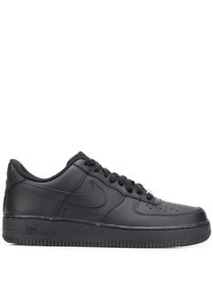 Black leather Air Force 1 '07 low-top sneakers from Nike featuring a signature Nike swoosh, a perforated style, a round toe, a lace fastening and a flat rubber sole. Air Force 1 Noir, Black Air Force 1, Air Force One Shoes, All Nike Shoes, Quince Ideas, Cute Nike Shoes, Cute Nikes, Nike Air Force 1 Low, Nike Swoosh