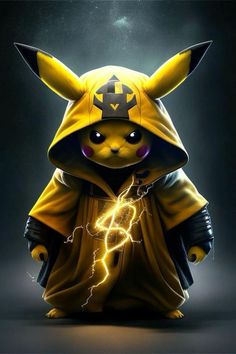 a cartoon character dressed as a pikachu holding a lightning bolt