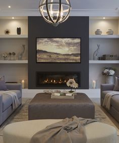 a living room filled with furniture and a fire place in the middle of it's wall