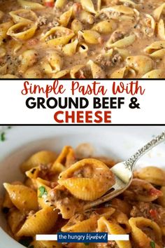 two pictures with different types of pasta in them and the words, simple pasta with ground beef & cheese