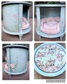 four pictures of an old dresser with flowers painted on it