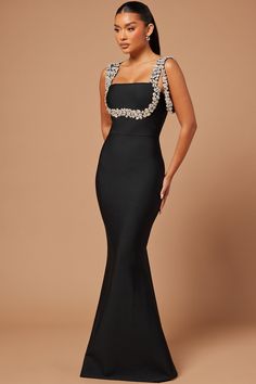 Anastasia Brooke Embellished Maxi Dress - Nude | Fashion Nova Black Tie Attire, Embellished Maxi Dress, Black Dress Formal, Guest Attire, Camisole Dress, Satin Gown, Black Gown, Gala Dresses, Glam Dresses