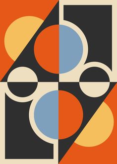 an orange, black and blue poster with circles in the center on top of it