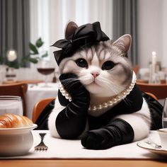 a cat sitting on top of a table wearing a black and white outfit with pearls