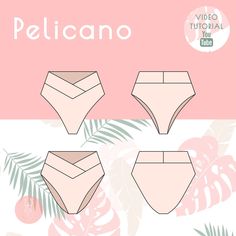 three panties with the words pelicano written in white and pink, on a floral background