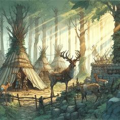 an illustration of a native american village with deer and teepees in the woods